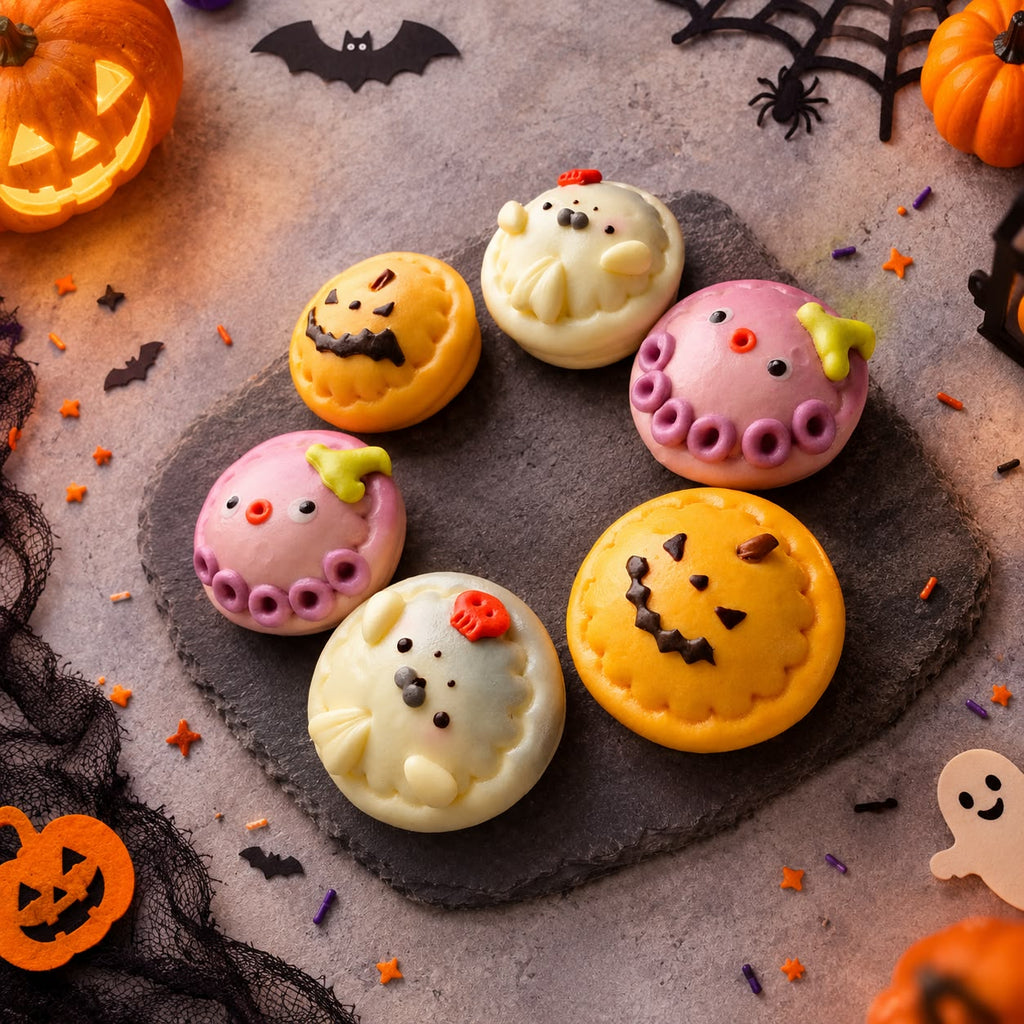 Six Halloween-themed buns arranged on a dark slate platter, surrounded by festive props including jack-o'-lanterns, black lace, spiderwebs, and small orange pumpkins. 