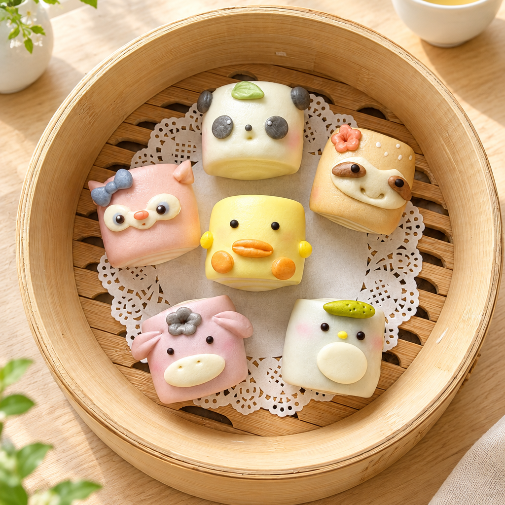 Character buns in a bright contemporary tea-room setting