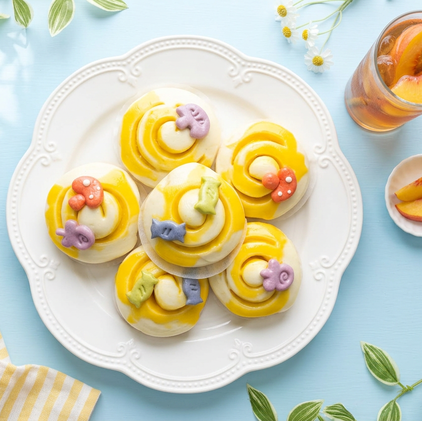 Cheese buns styled in a bright garden-brunch setting