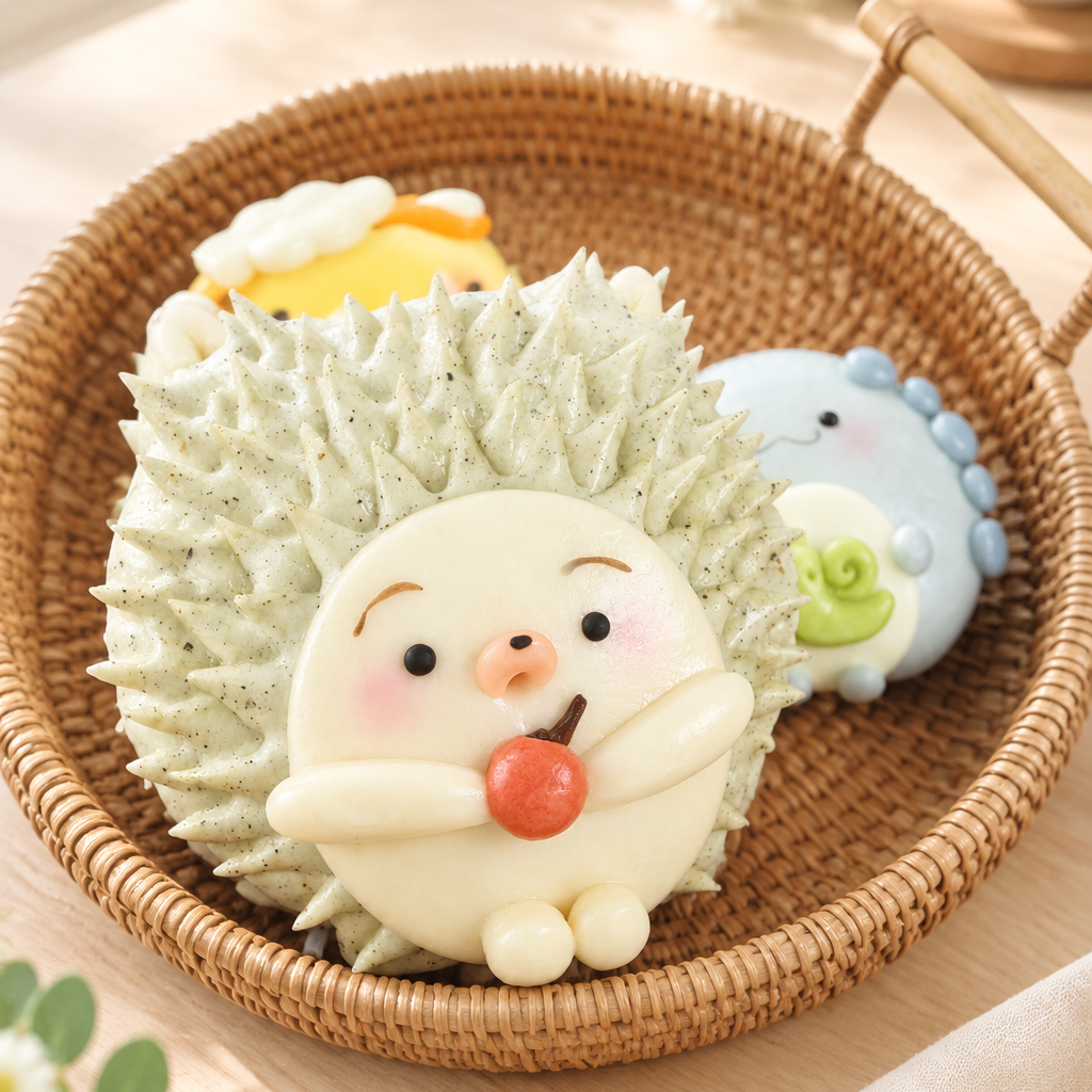 Hedgehog character bun in a bright garden-café setting
