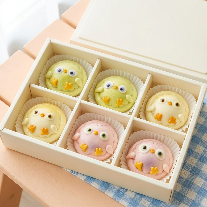 Pastel bird buns styled in a bright picnic bento box