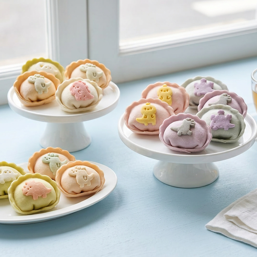 Pastel dinosaur buns in a bright patisserie display