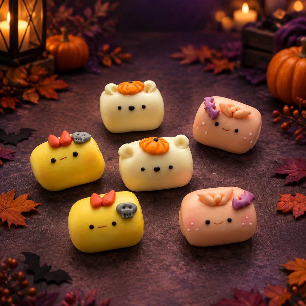Six character buns in a spacious spooky Halloween setting