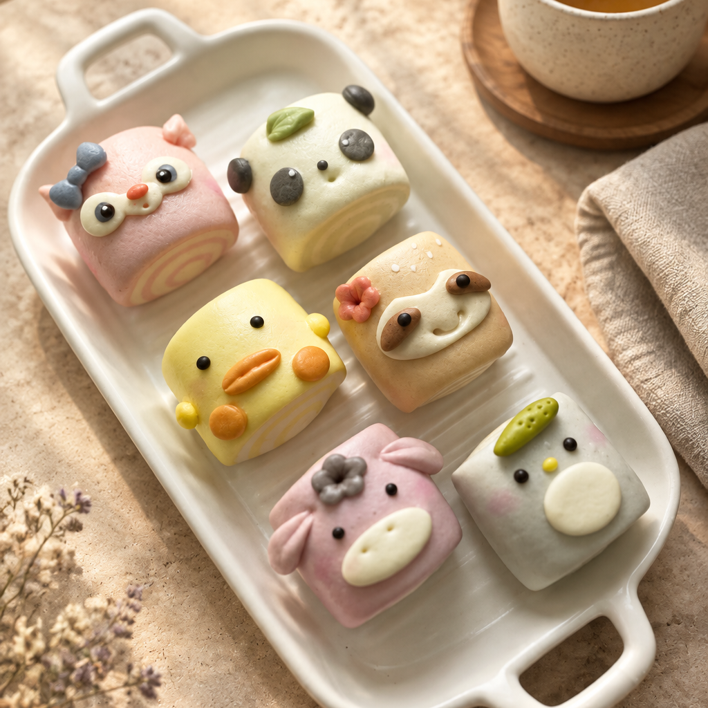 Six character buns styled in a premium café editorial setting