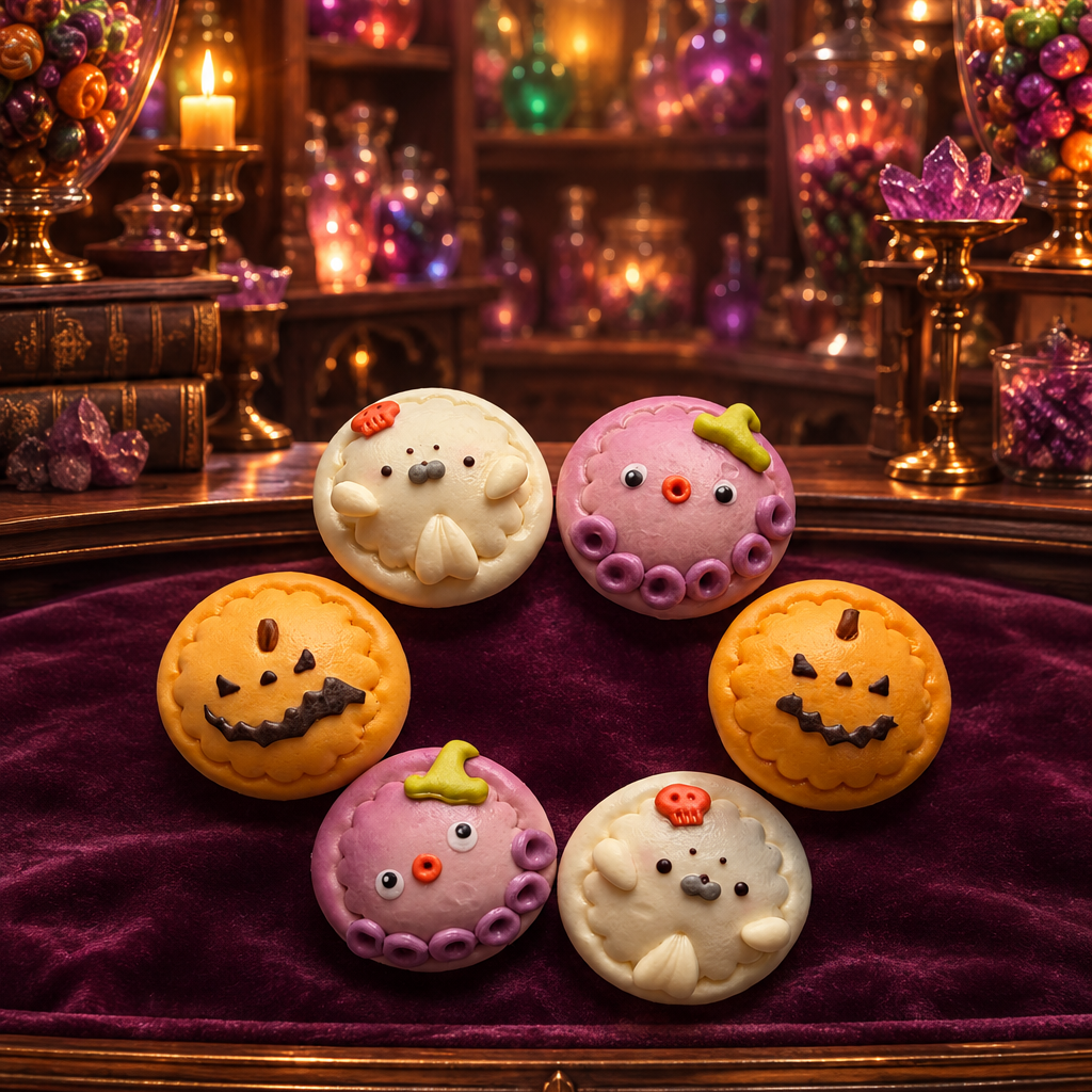 Six Halloween buns in an enchanted candy shop setting