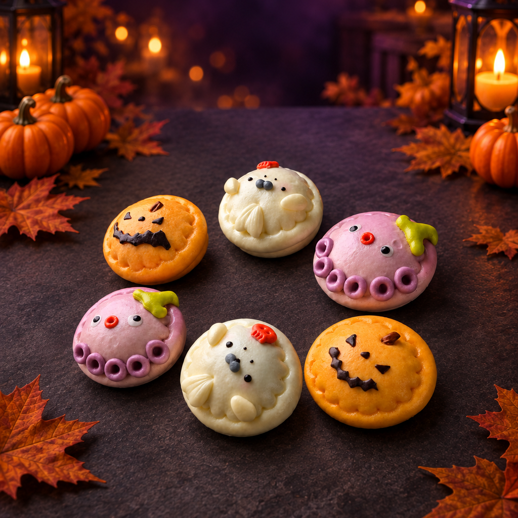 Six Halloween buns with a spacious spooky background