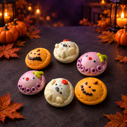 Six Halloween buns with a spacious spooky background