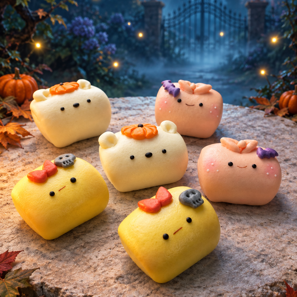 Six Halloween character buns against a moonlit haunted garden