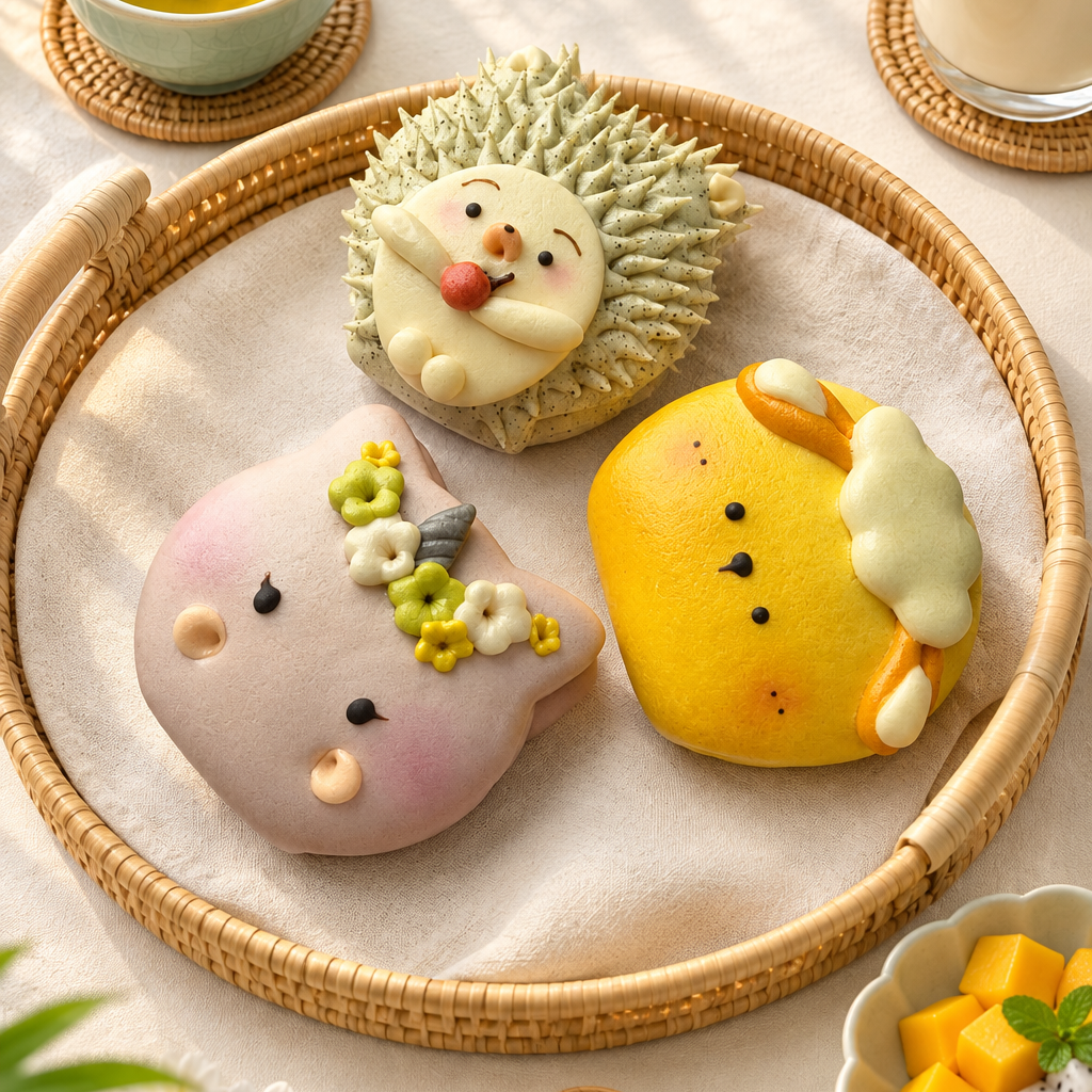 Three character buns in a bright Asian-inspired breakfast setting