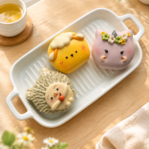 Three character buns in a bright contemporary tea-room setting